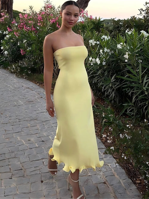 Dulzura Sleeveless Ruffles Patchwork Strapless Bodycon Midi Dress